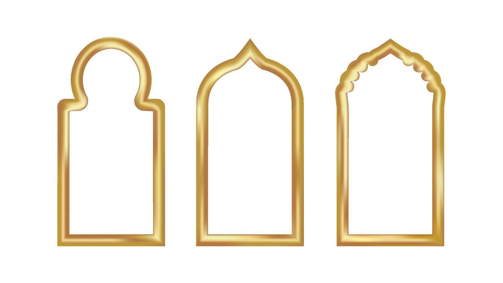 Gold 3D Ramadan frame with arabesque arch. Golden window element for Islamic eid background. Arabian mosque with festive oriental border. Kareem label for traditional muslim decoration vector
