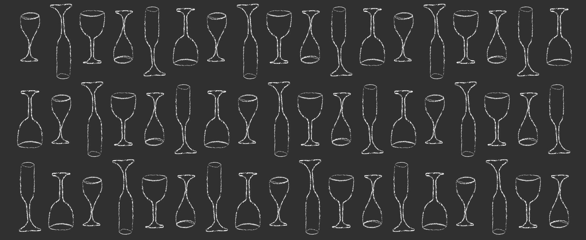 Wine glass pattern with doodle chalk drawing on black. Italian vintage cherry aesthetic and crayon line painting template. Panorama banner. Cute club sketch with pastel. Vineyard local shop print. vector