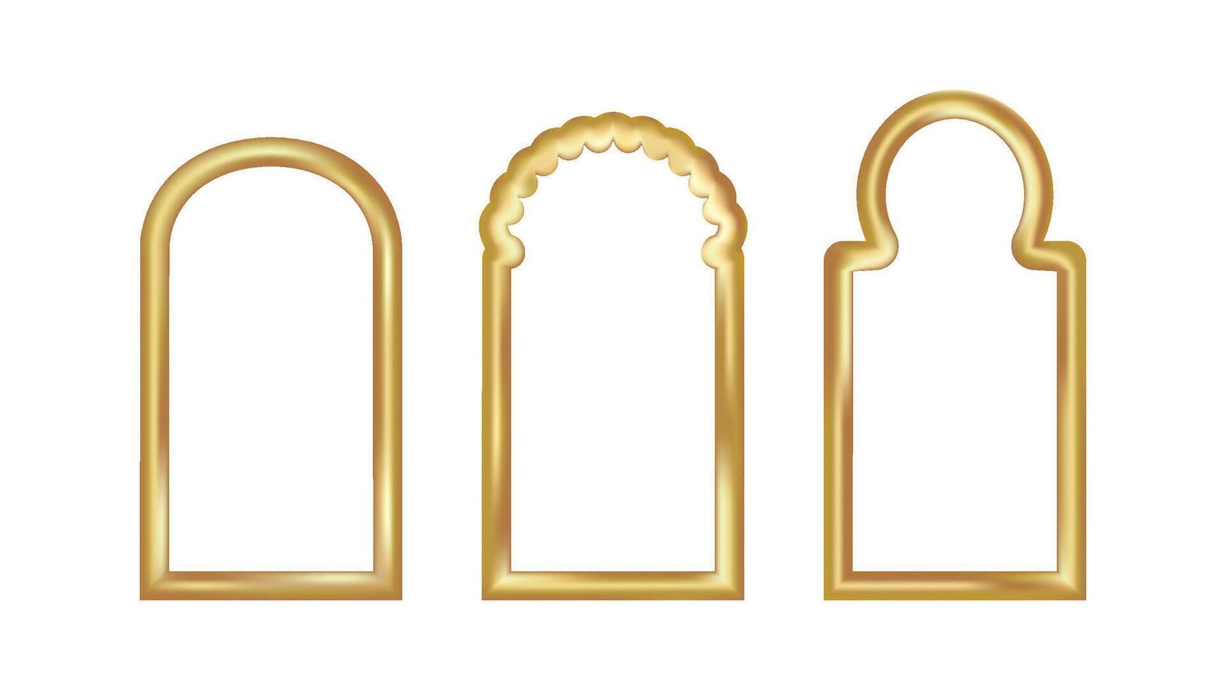 3D gold Ramadan frame with arabesque arch. Golden window design for islamic eid background. element for arabian mosque oriental decoration. Traditional kareem label with festive muslim border vector