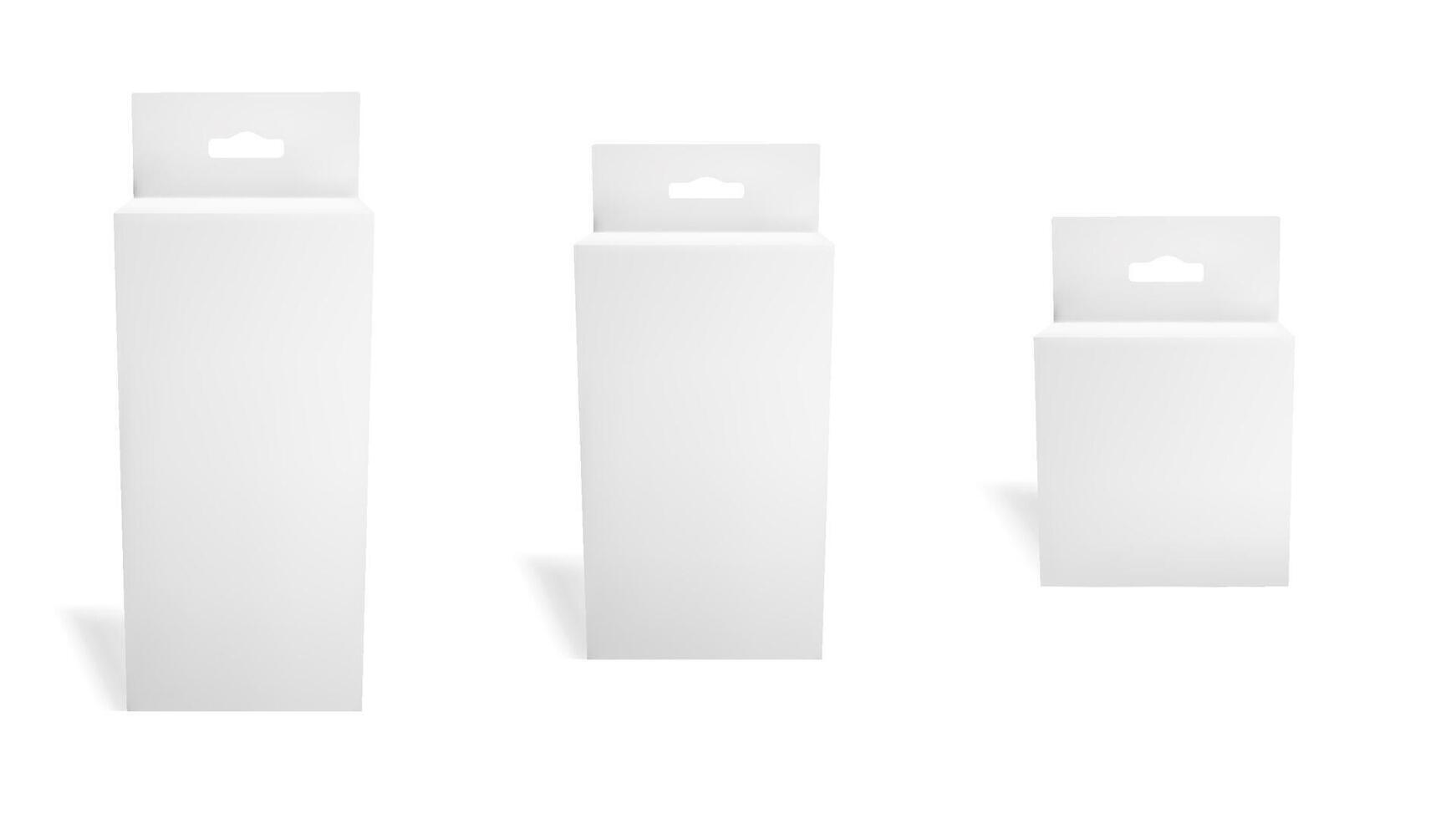 White 3d hang box mockup. Blank rectangle package mock up for medicine or cosmetic. Rectangular carton container front and side plain. Realistic dummy hanger packaging for pharmacy slot or gift. vector