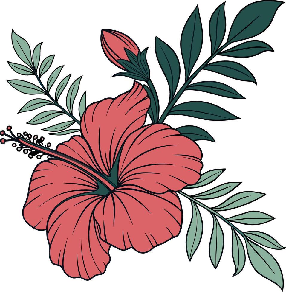 A red hibiscus flower with green leaves vector