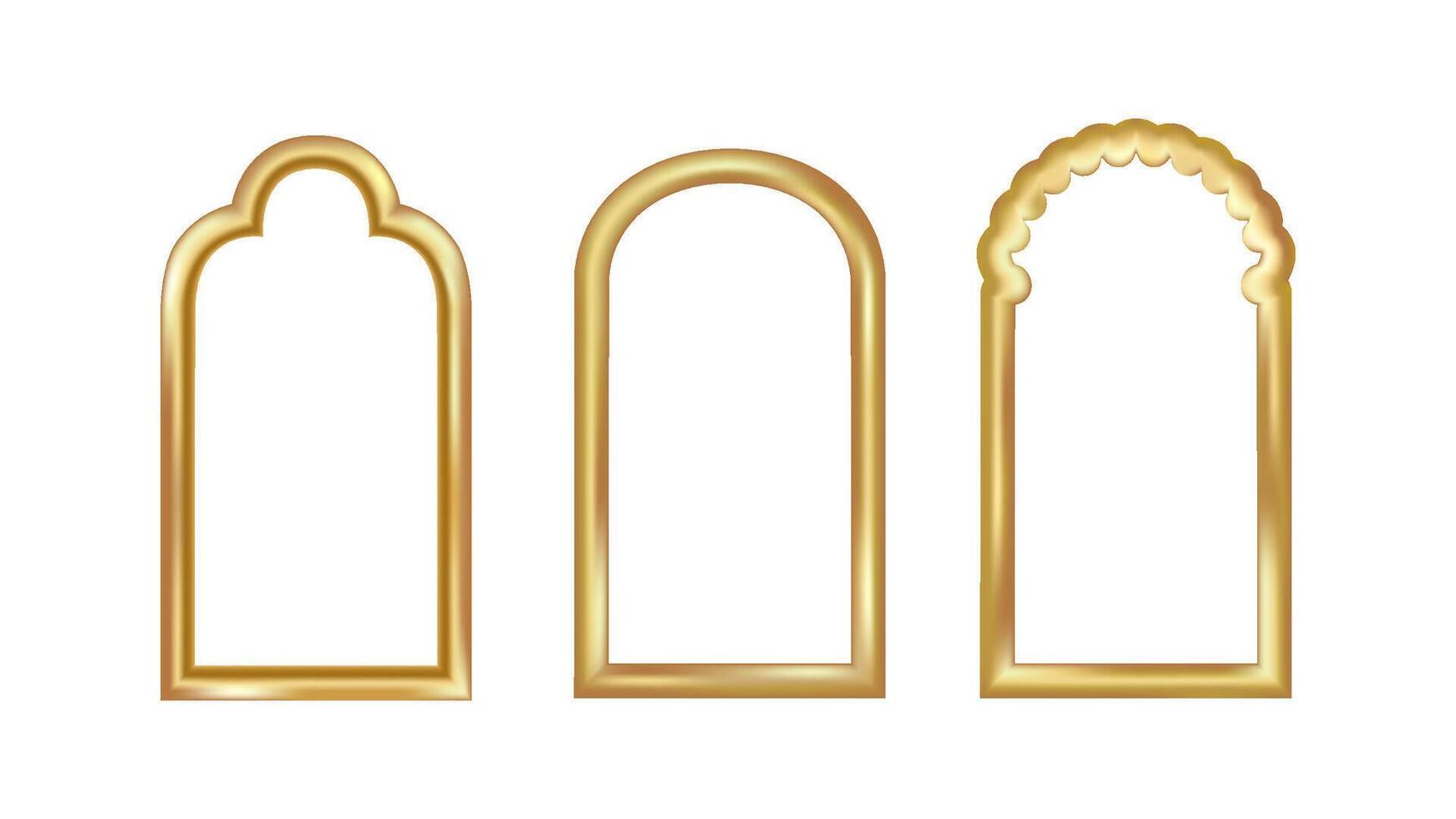 3D gold Ramadan arabesque arch frame. Golden window shape for Islamic eid background. Oriental gate border with arabian mosque element. Traditional muslim decoration with festive kareem label. vector