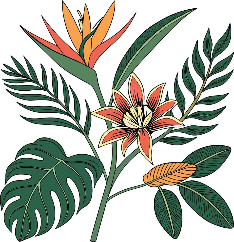 Tropical flowers and leaves illustration vector