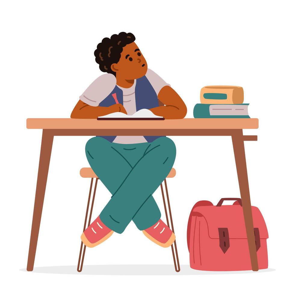 African American school boy sitting at desk thinking flat illustration isolated on white. vector