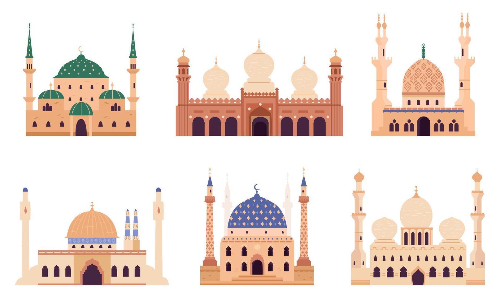 Mosque building exterior flat illustrations set isolated on white. Islamic religious architecture. vector