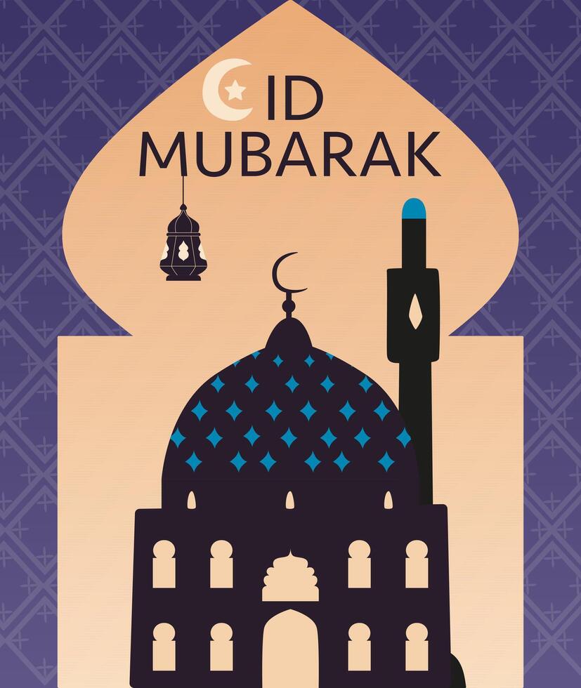 Eid Mubarak flat greeting card with illustrations of mosque, minarets, lantern. vector