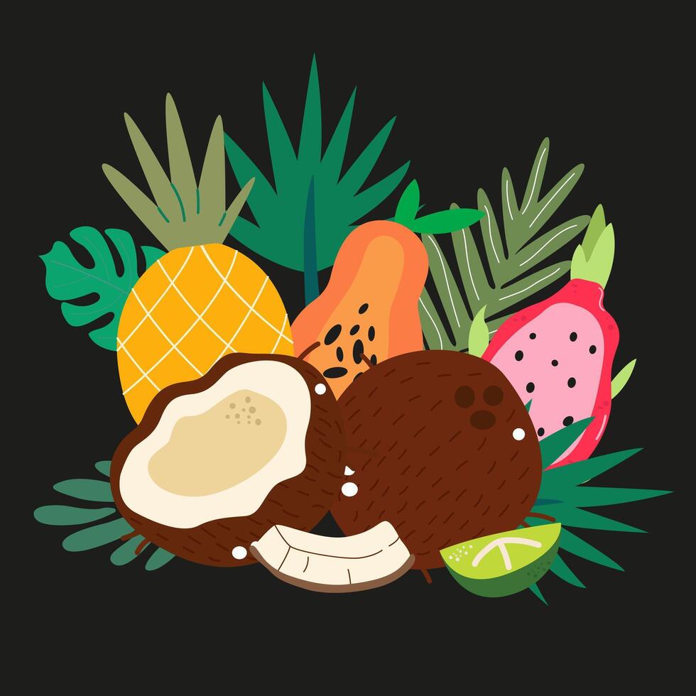 Summer cartoon tropical fruits. Collection of organic vitamins and healthy nutrition. Background for tropical party template. Pineapple, coconut, papaya, lime, dragon fruit vector
