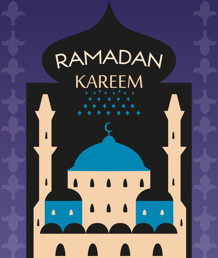 Ramadan Kareem flat greeting card with minimalistic illustrations of mosque and minarets. vector
