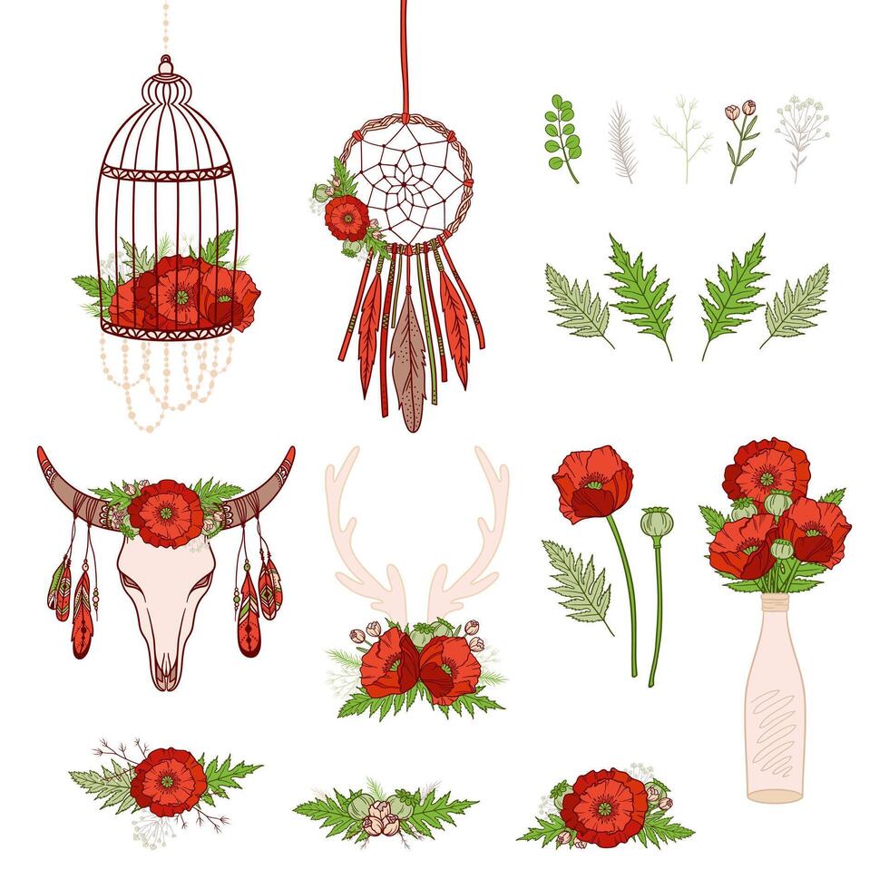 Bohemian style collection. Set of boho elements, hand drawn floral motifs with poppies, dream catcher, cage, deer antlers, skull cow. vector