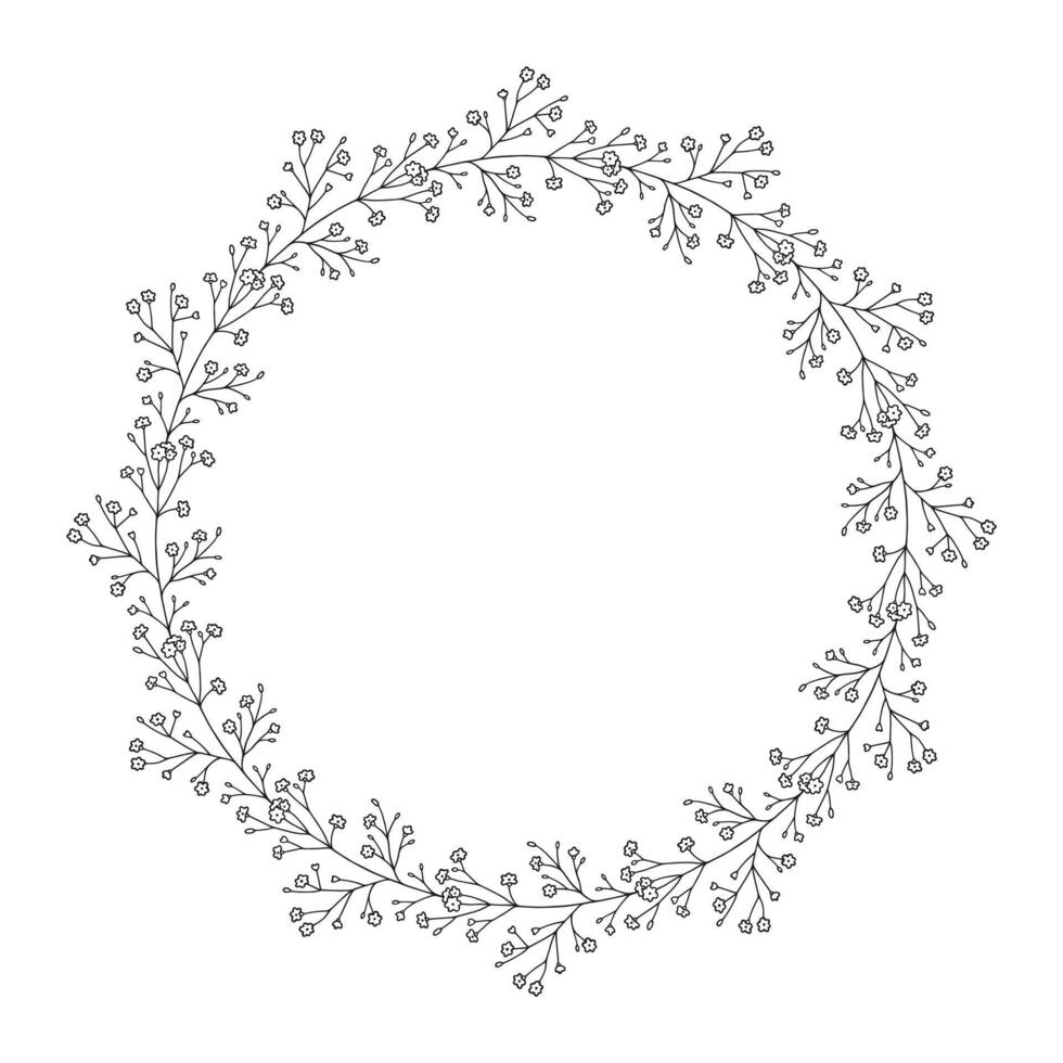 Botanical wreath of floral branches with leaves and flowers. Round frame of twigs, black contour, isolated on white. Sketch garland for wedding decoration and design projects vector