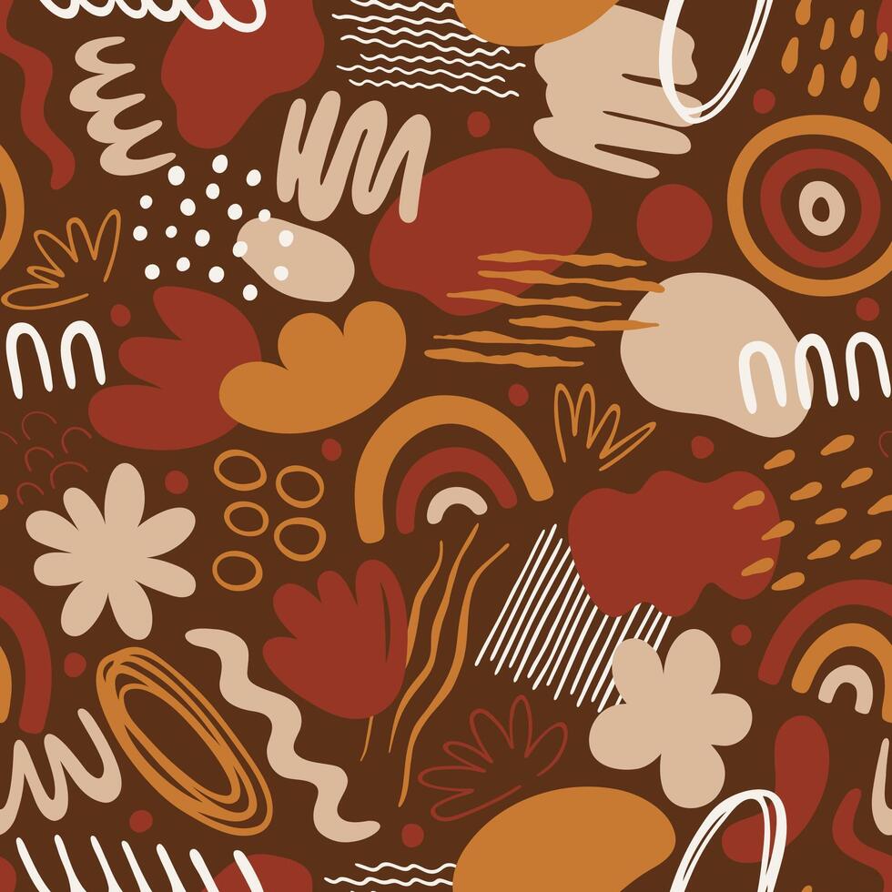 Seamless pattern with organic shapes spots, lines, dots, waves, flowers, rainbow. Abstract doodles in simple trendy style. Design for fabric, package, cover, wall art, prints vector