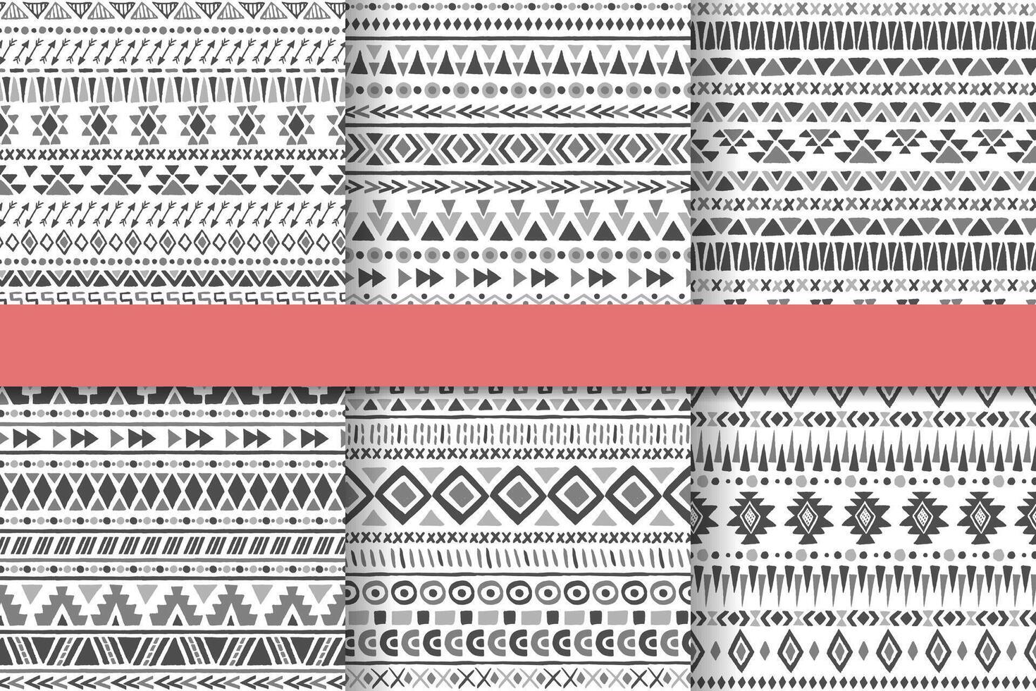 Set of six tribal seamless patterns. Black white aztec geometric backgrounds. Stylish navajo design. Modern hand drawn abstract cards. vector