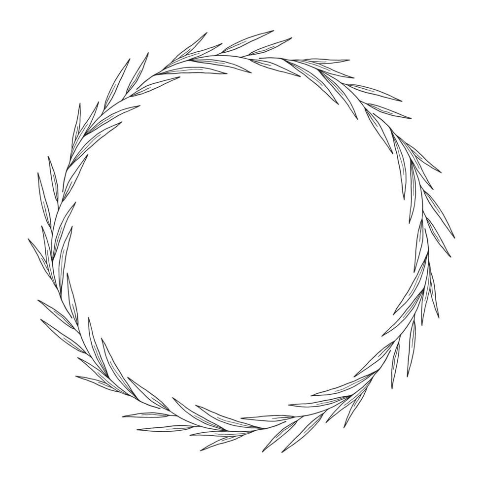 Floral wreath of leaves, wild herbs, twigs and branches. Botanical frame, black outline, isolated on white. Round sketch garland for wedding decoration and design projects vector