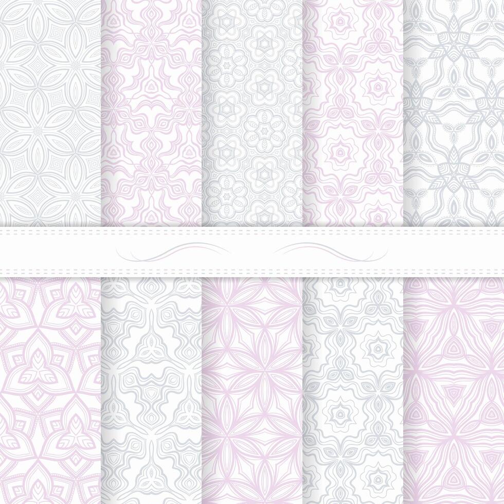 Set of ten seamless modern patterns. Gray and violet soft colors. Swatches of seamless patterns included in the file. vector