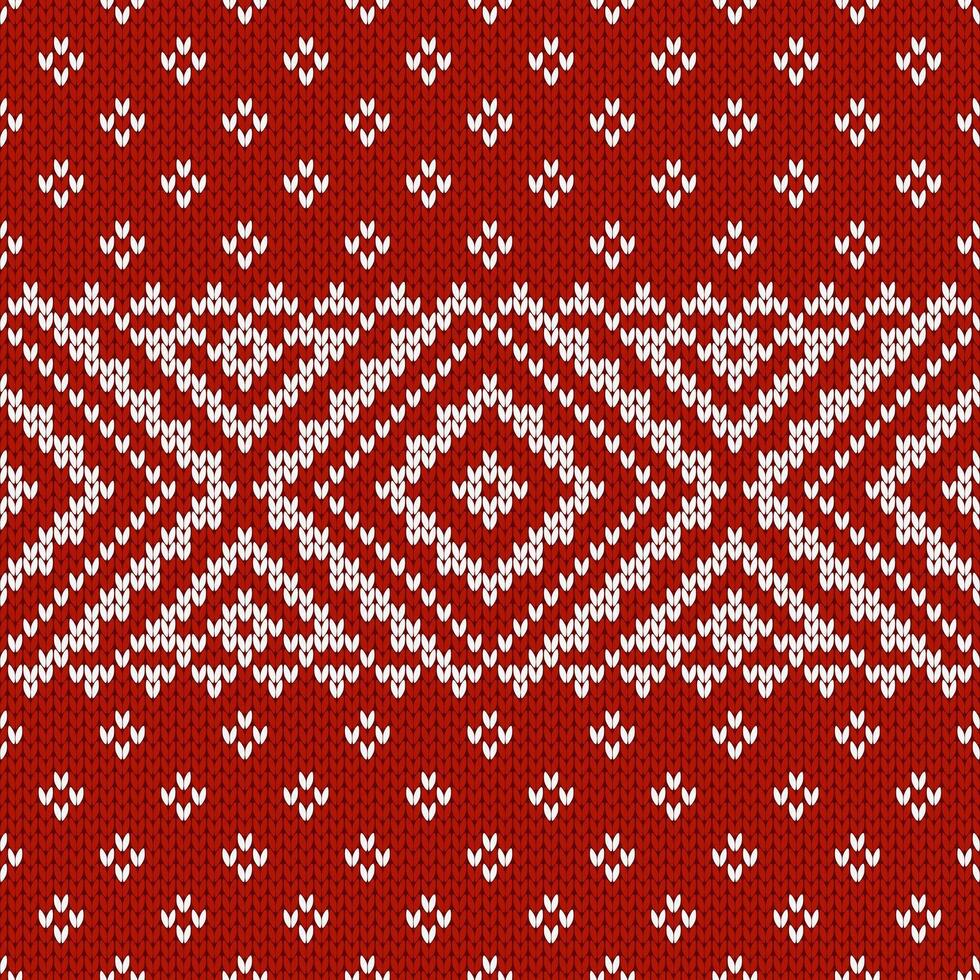 Scandinavian knitted seamless pattern. Norwegian native style sweater, ornament with snowflakes. Fair Isle design. Wool texture. Winter holiday background, red and white vector