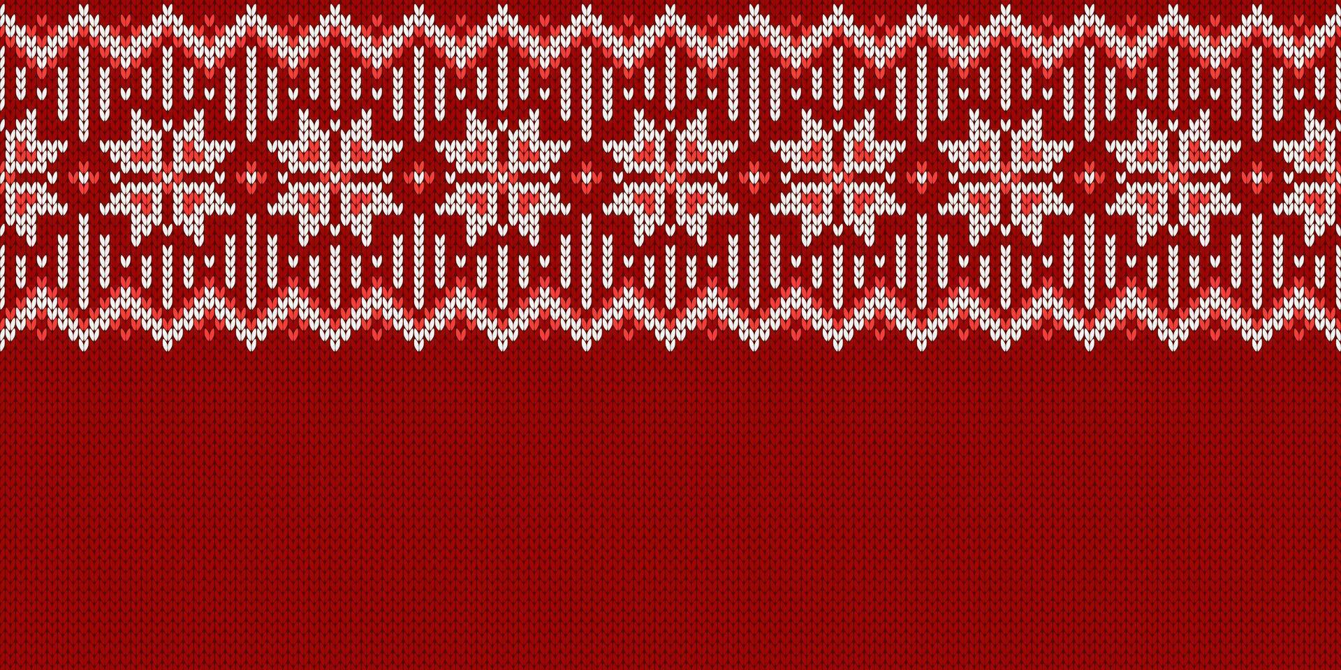 Ugly Christmas Sweater Party. Knitwear texture. Template with empty place for text. Seamless pattern with snowflakes for holiday design. Winter knitted wool wide background, red vector