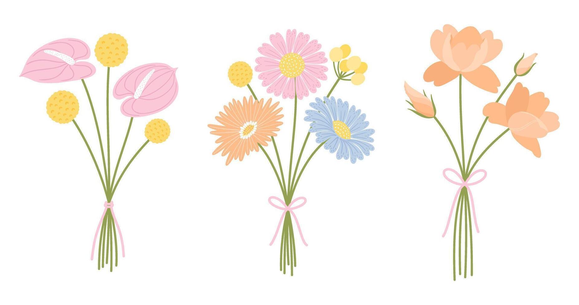 Set of three bunch wildflowers. Floral bouquet. Flowers tied with ribbon. Meadow herbs, and wild plants for design projects. Colorful and bright vector