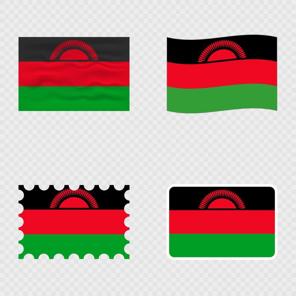 Malawi national flag in four different styles. vector