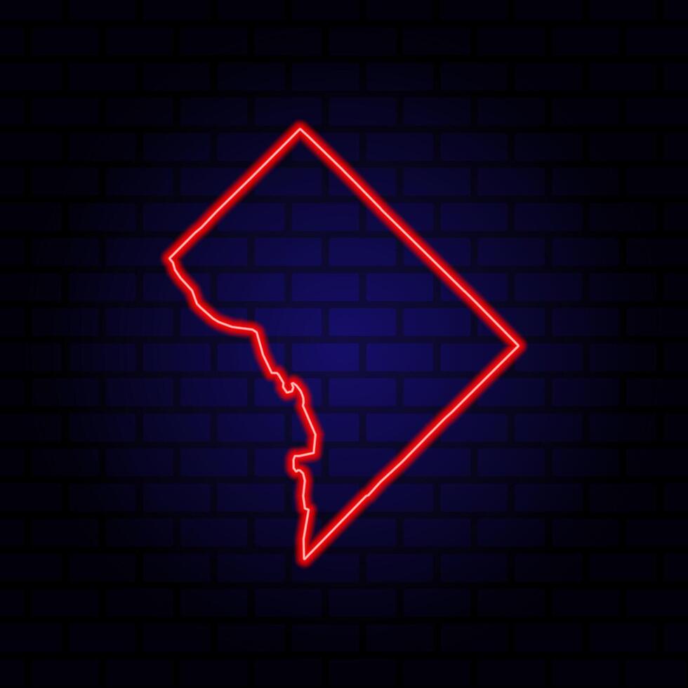 Neon map Washington DC on brick wall background. vector