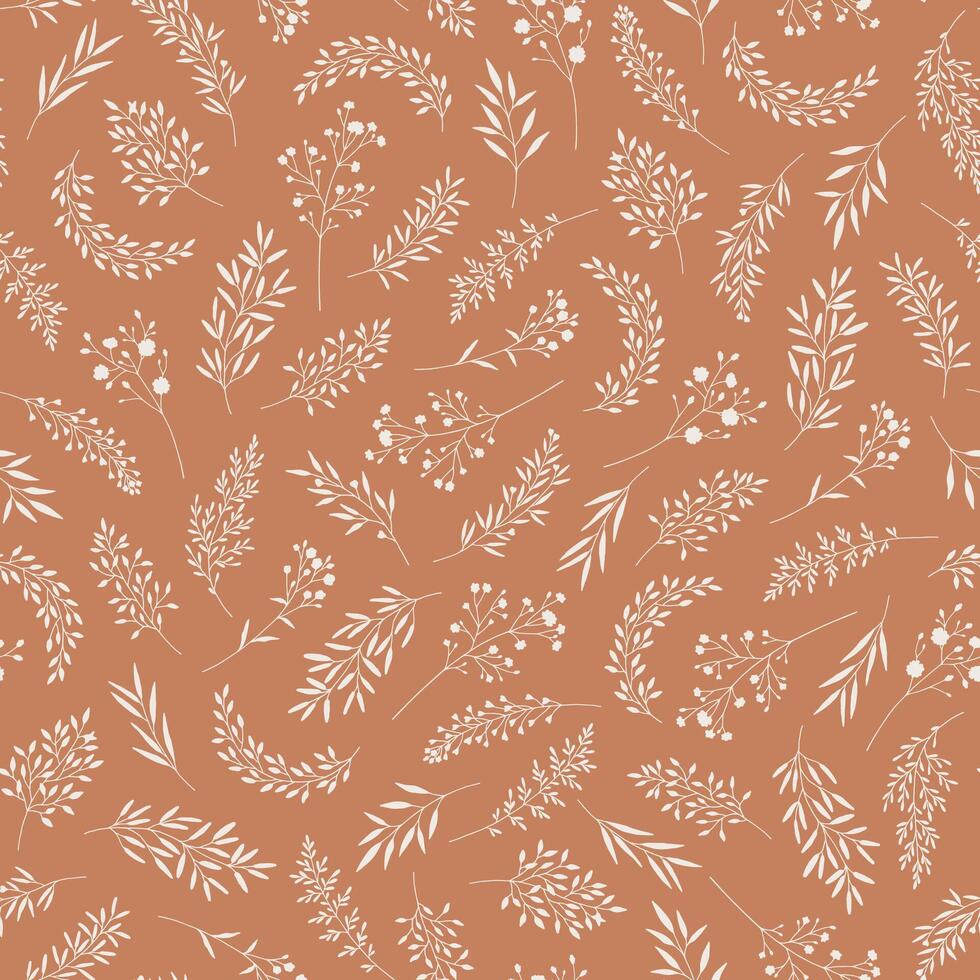 Seamless pattern with leaves, herbs, wildflowers. Silhouettes of branches, natural hand drawn eco friendly background in modern style, fashion print for fabric, package, wrapping. vector