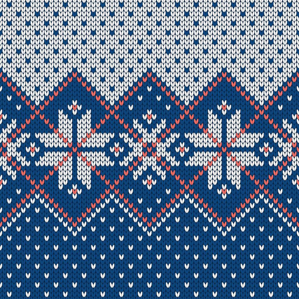 Scandinavian knitted seamless pattern. Norwegian native style sweater, ornament with snowflakes. Fair Isle design. Wool texture. Winter holiday background, blue white vector