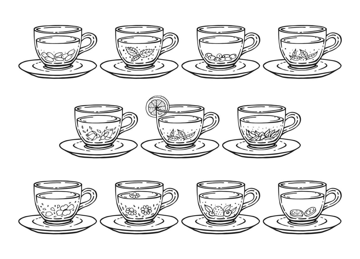 Set of cup of tea with healthy tea. Hand drawn illustration. vector