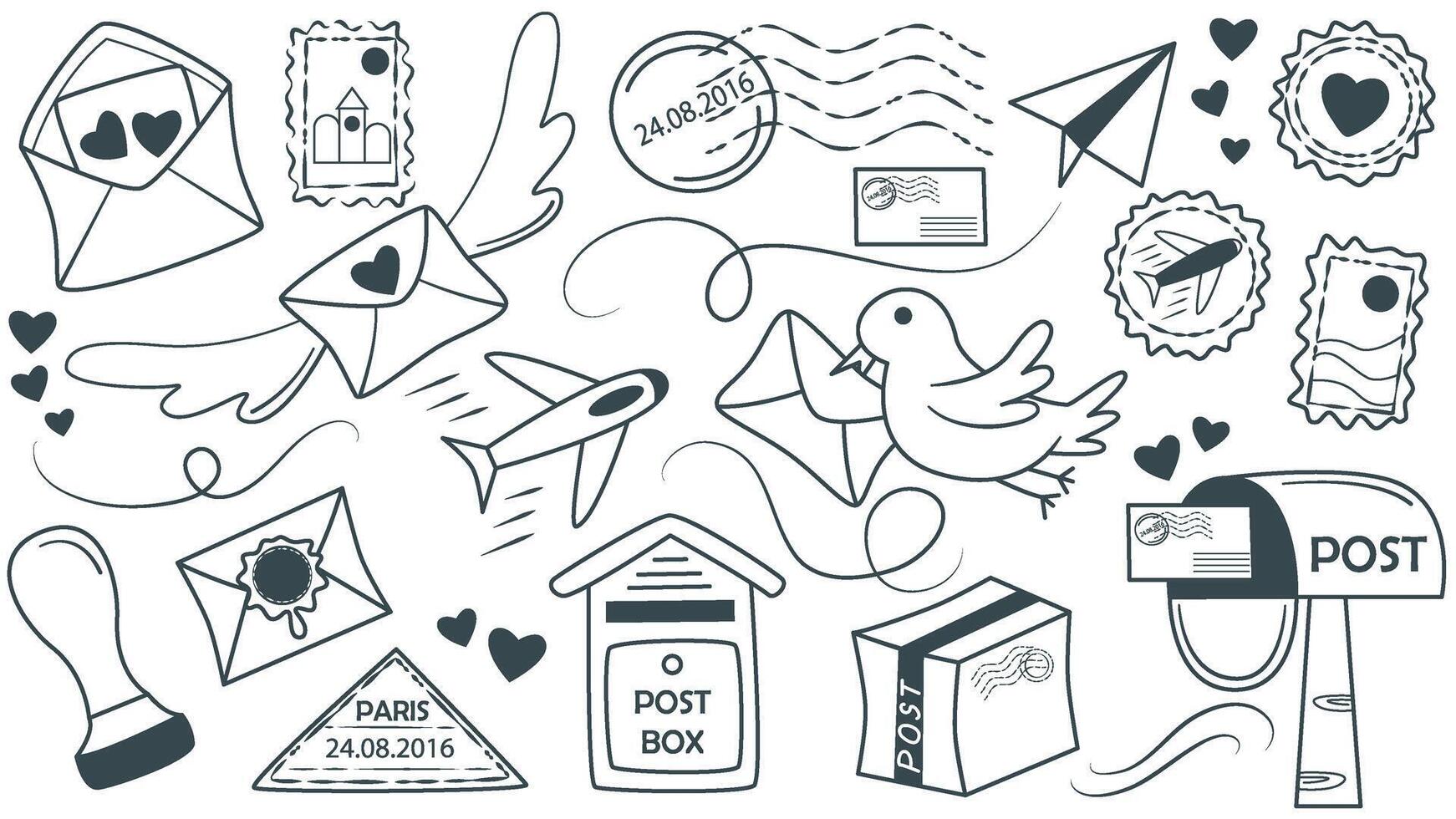 Doodle set of illustrations on topic of postal items vector
