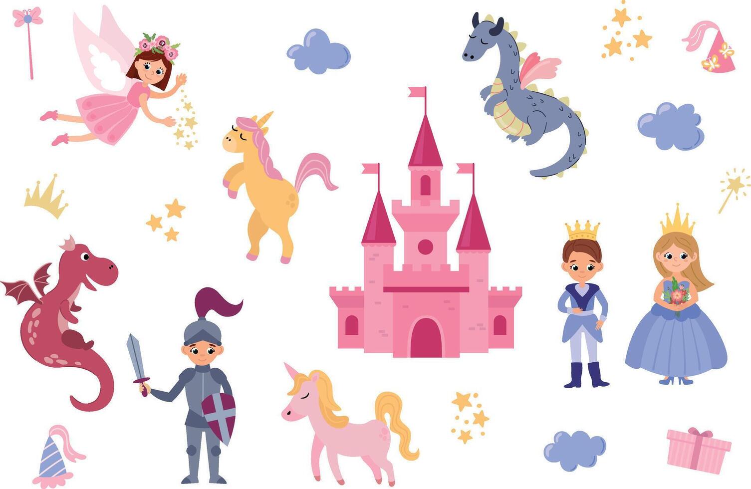 Set of hand drawn princess, prince, castle, dragon, unicorn and other details for children's design. White background vector