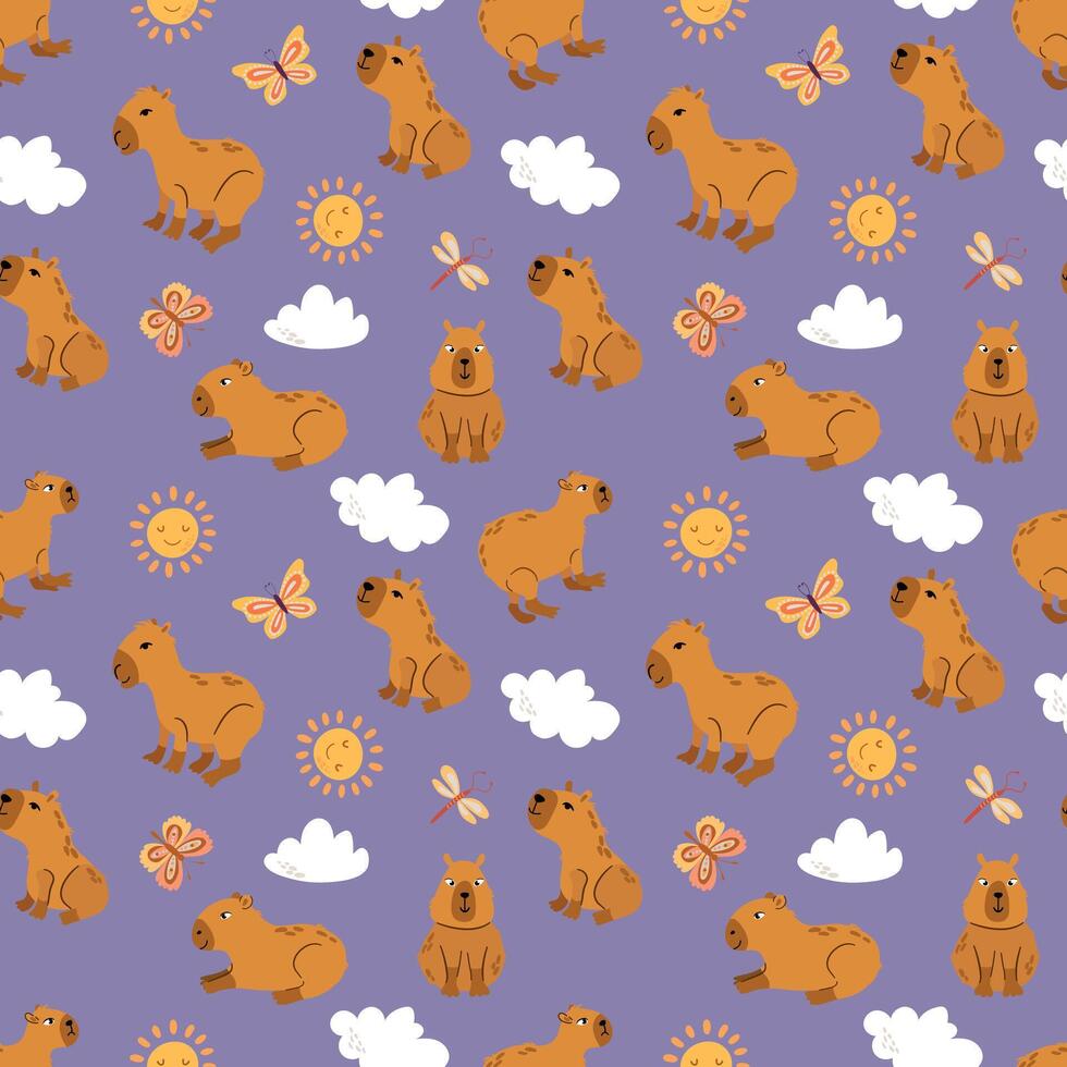 Seamless pattern with cute capybaras with clouds, sun and butterflies. Design for fabric, textile, wallpaper, packaging vector