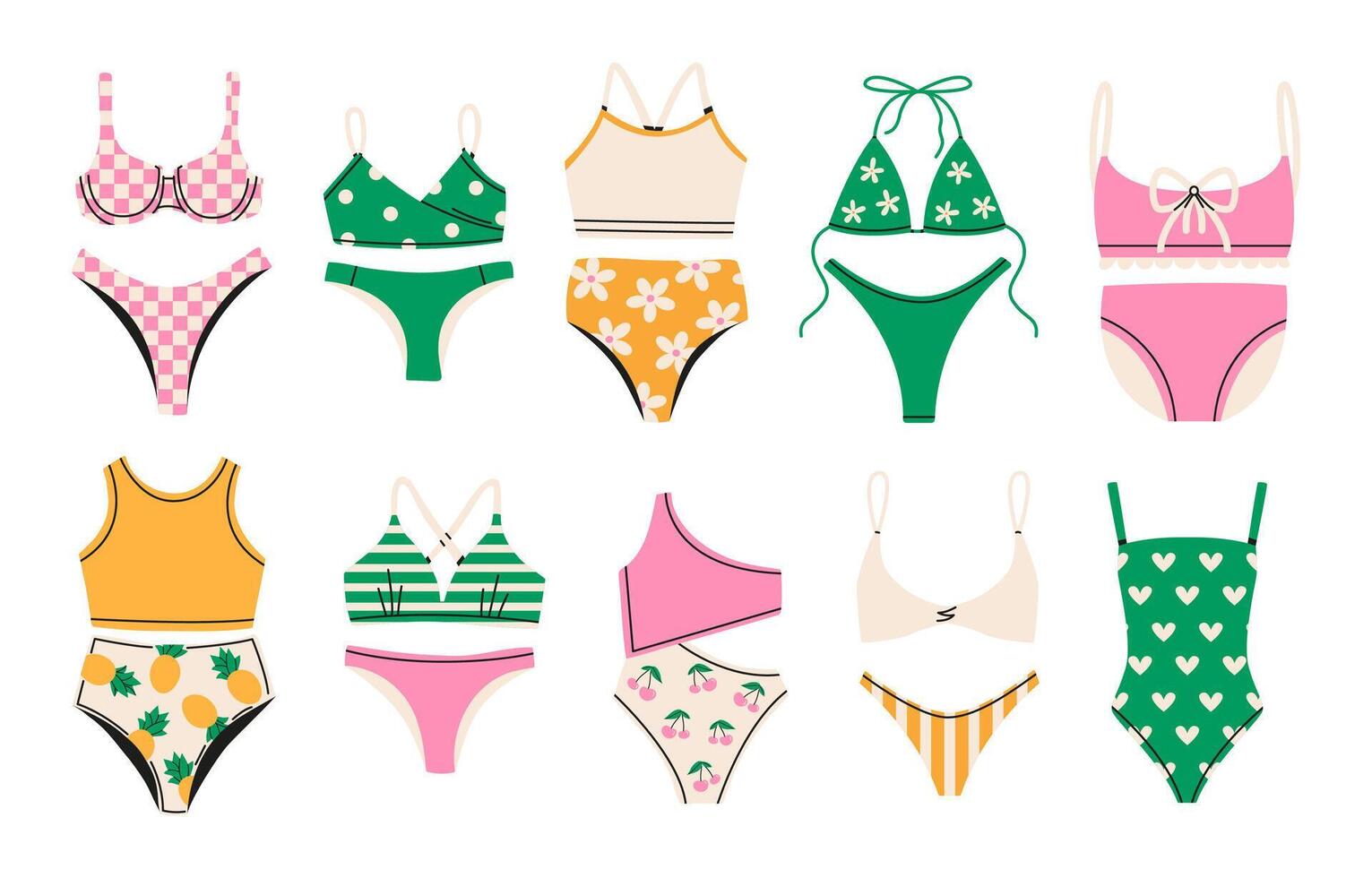 Colorful swimsuits set with different patterns. Fashion bikini collection. Womens clothes for summer vacation. Flat cartoon illustration isolated on white background. vector