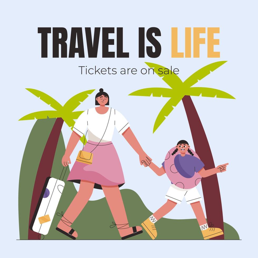 Square banner on travel and tourism. Mom and daughter go with a suitcase. Flat illustration. vector