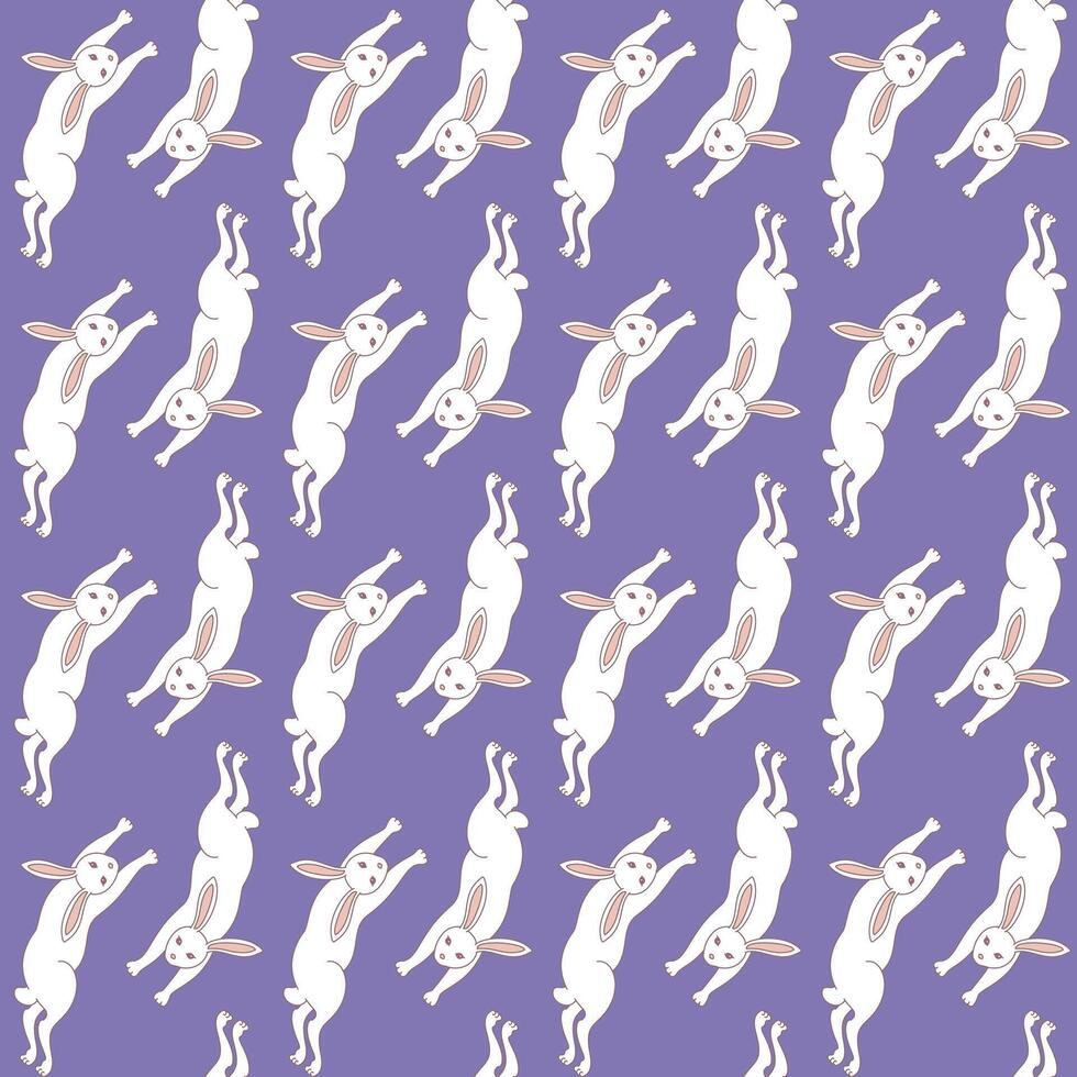 Seamless pattern with white rabbit on purple background. Easter bunny illustration wallpaper. vector