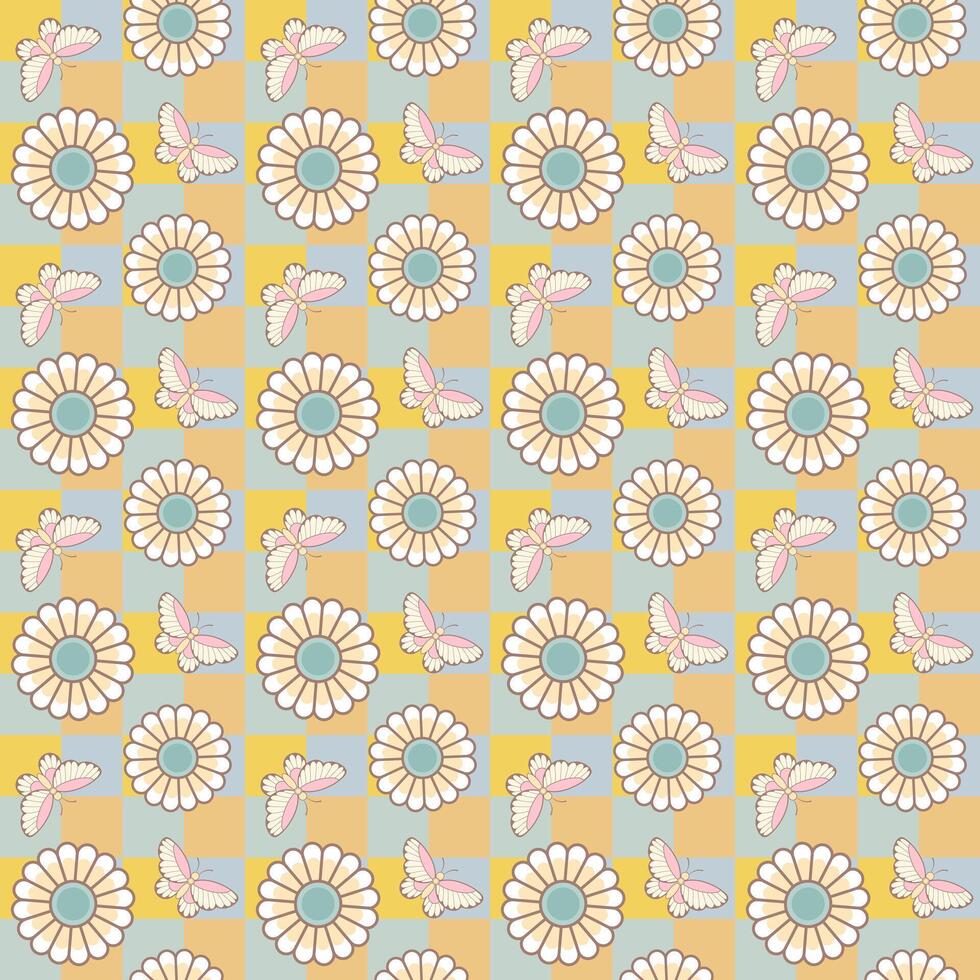 Seamless checkered pattern with flower and butterfly. Colorful abstract background with yellow, green, and pink. vector