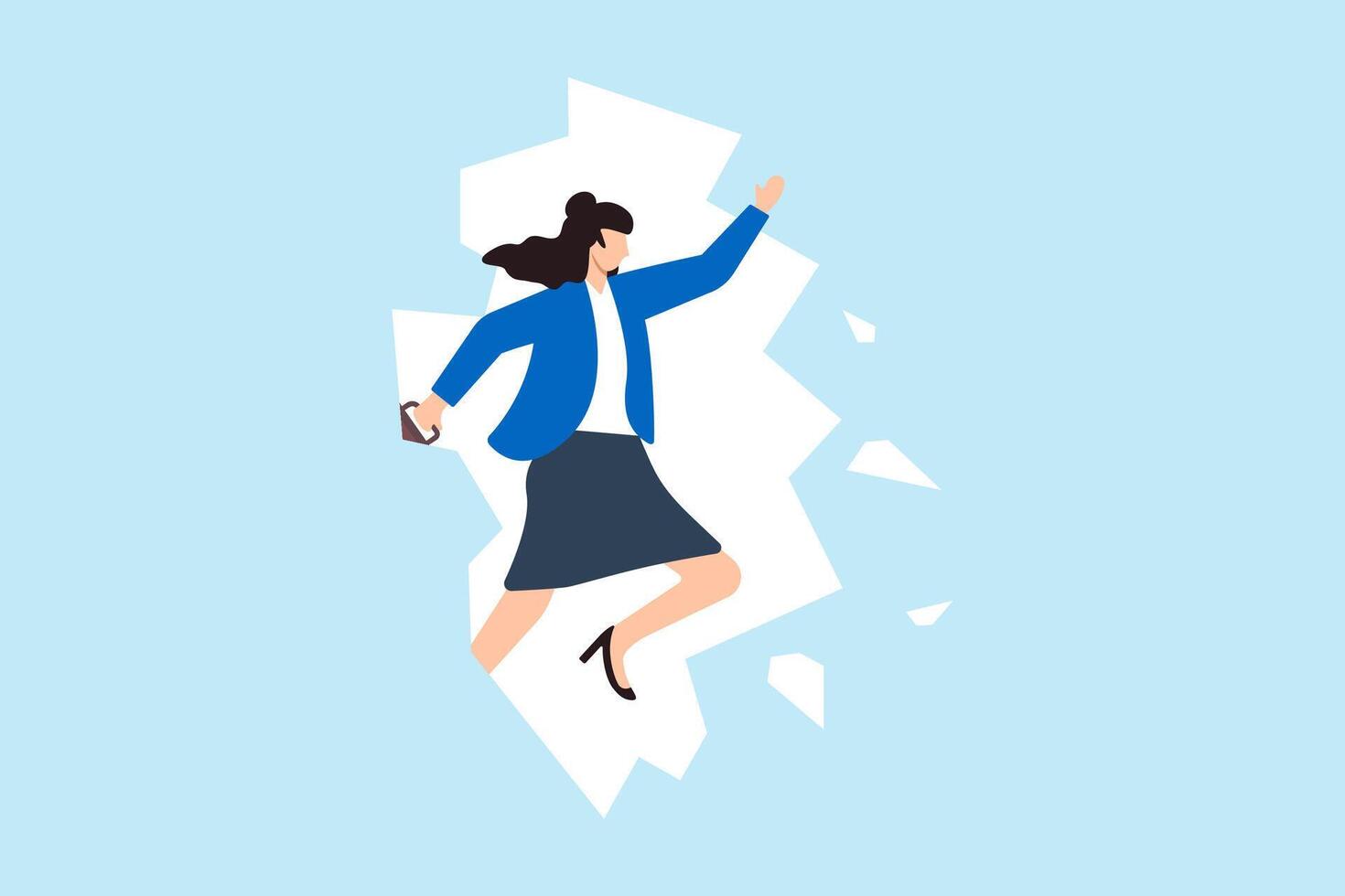 Flat illustration of businesswoman jump and break through wall symbolizing courage to overcome career barrier vector