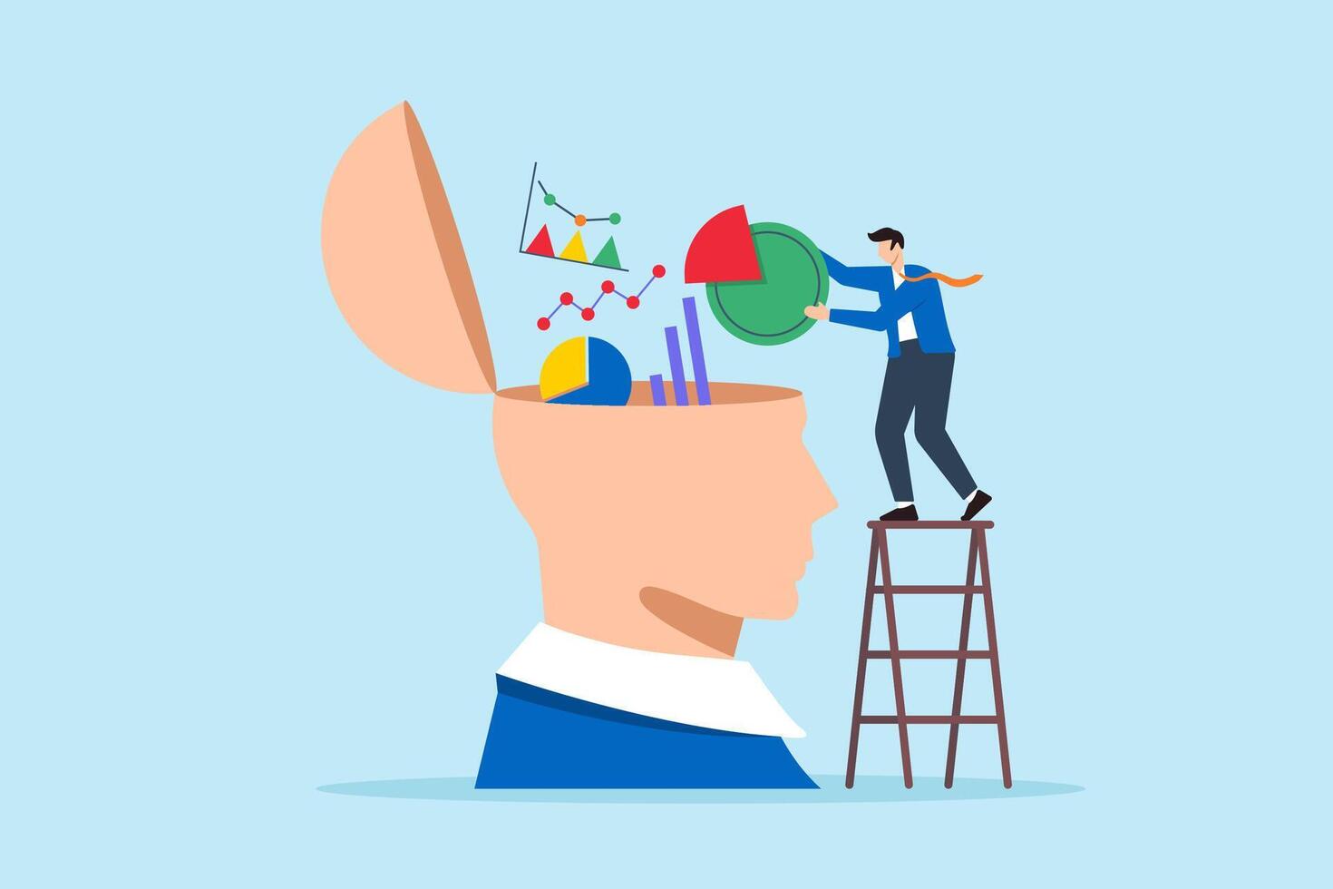 Flat illustration of businessman place graph report on human brain symbolizing data analysis vector