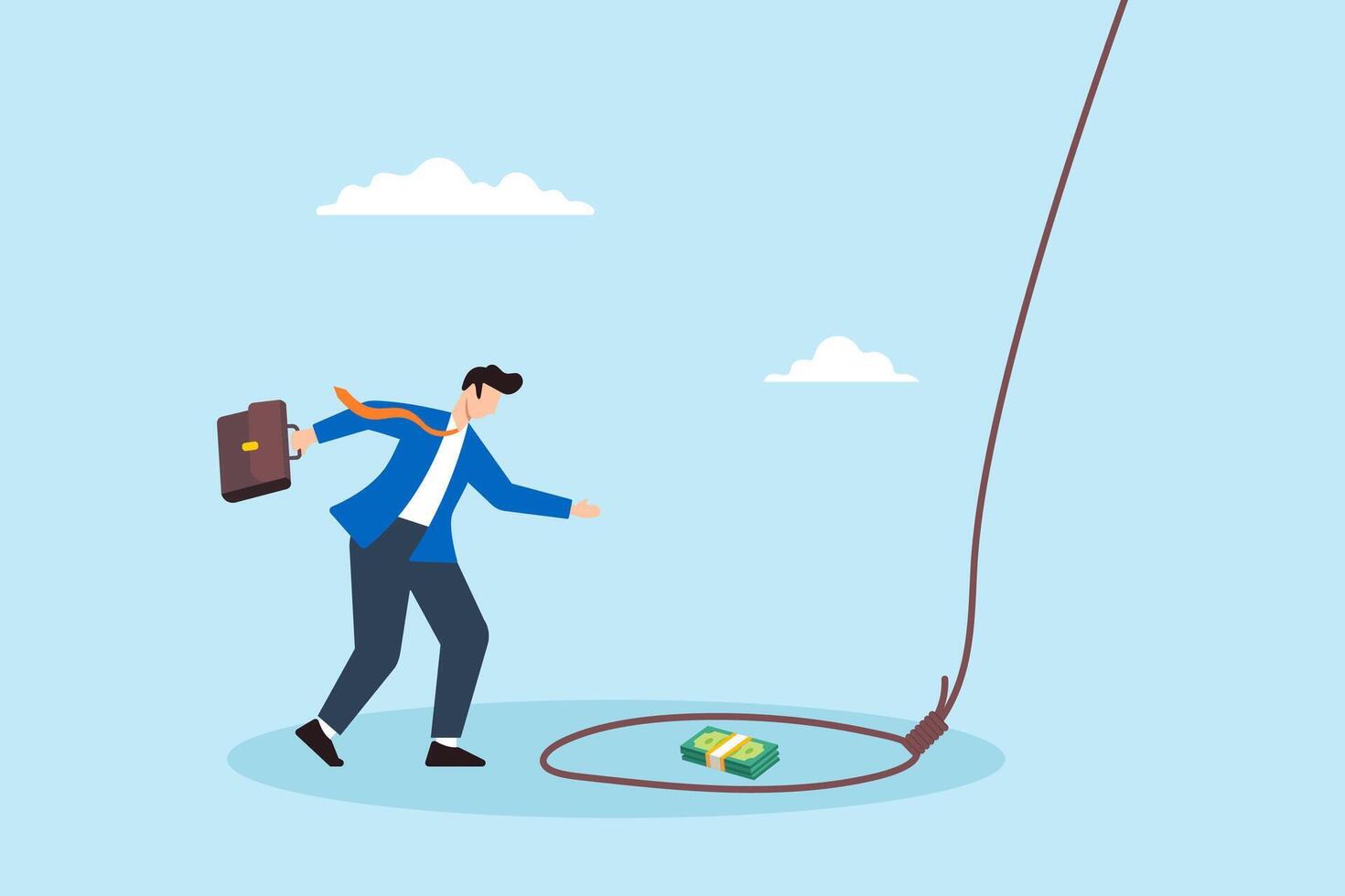 Flat illustration of greedy businessman step toward tricky rope trap bait with bundle of banknote vector