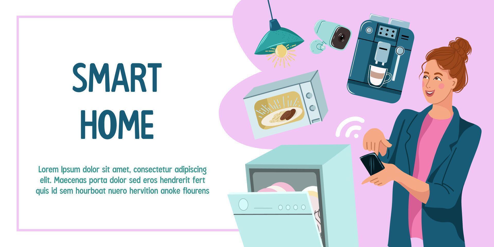 Smart home, wireless home control technology. Woman remotely controls home appliances. vector