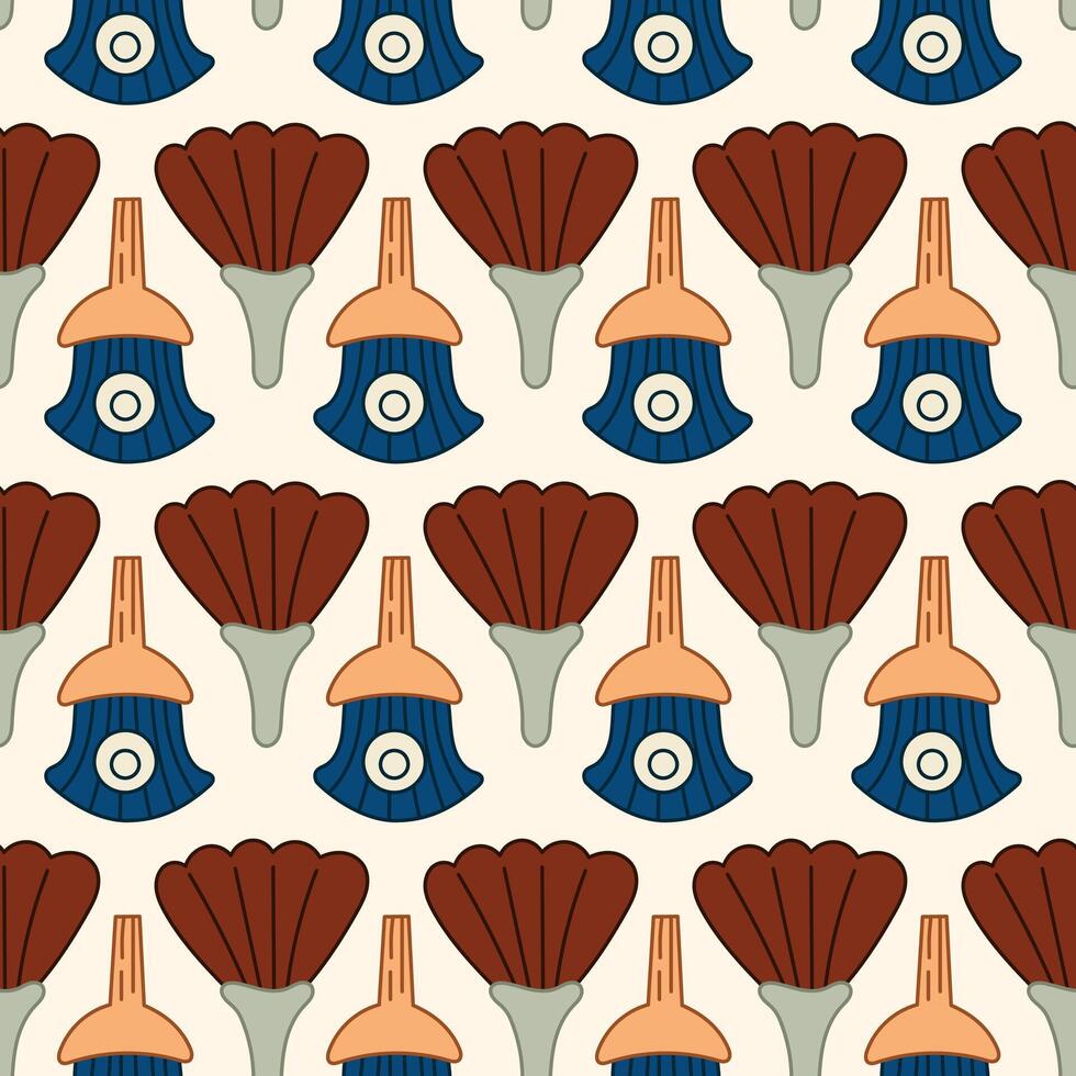 Seamless Egyptian inspired floral pattern. ornamental design with stylized lotus and papyrus motifs in warm earthy tones. Ancient civilization, decorative textile, and wallpaper concept vector