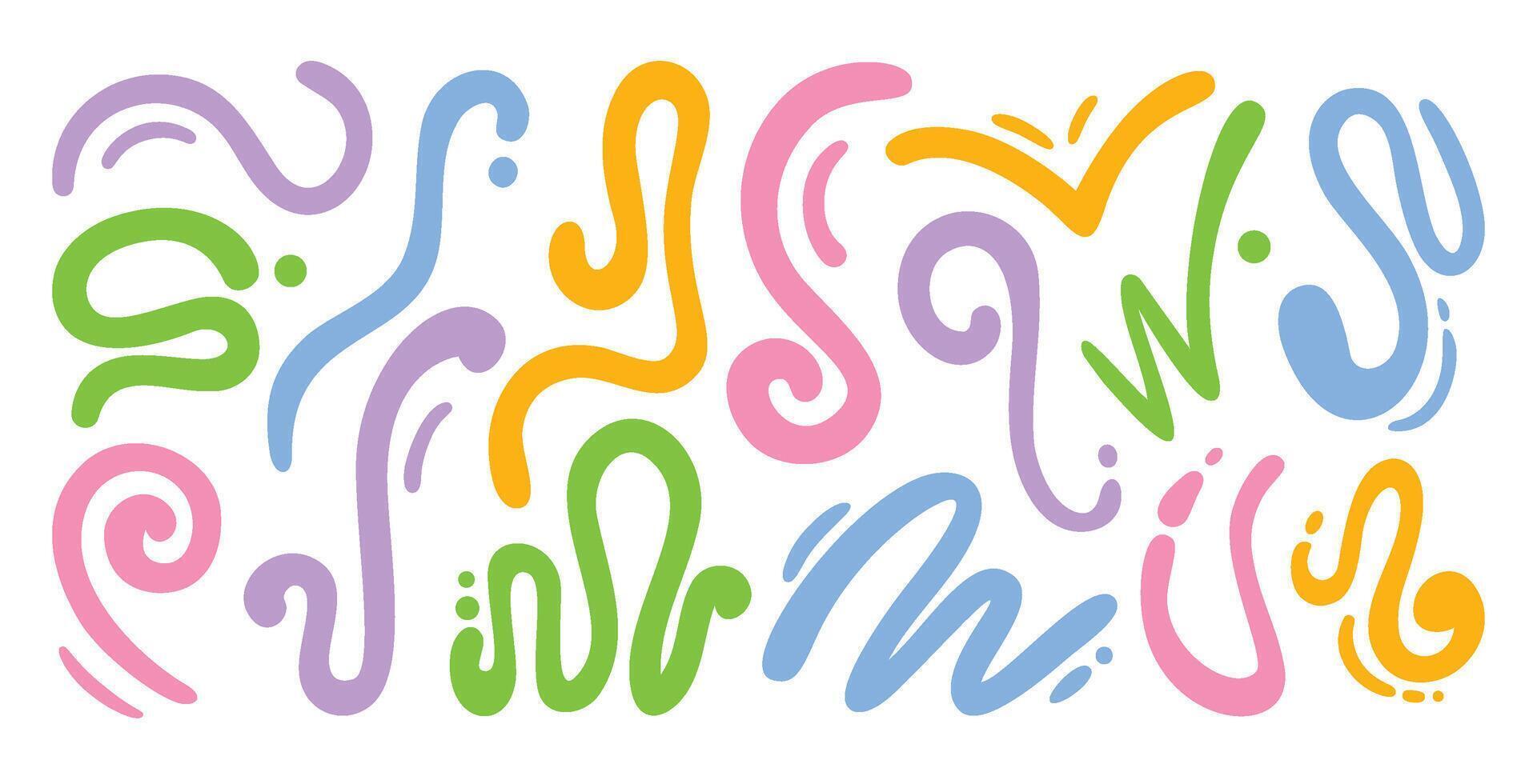 Abstract organic line shapes. Groovy fluid swirl doodles, funky curvy noodles, sauce strips and dynamic scribble lines. Hand drawn colorful squiggles design elements set vector