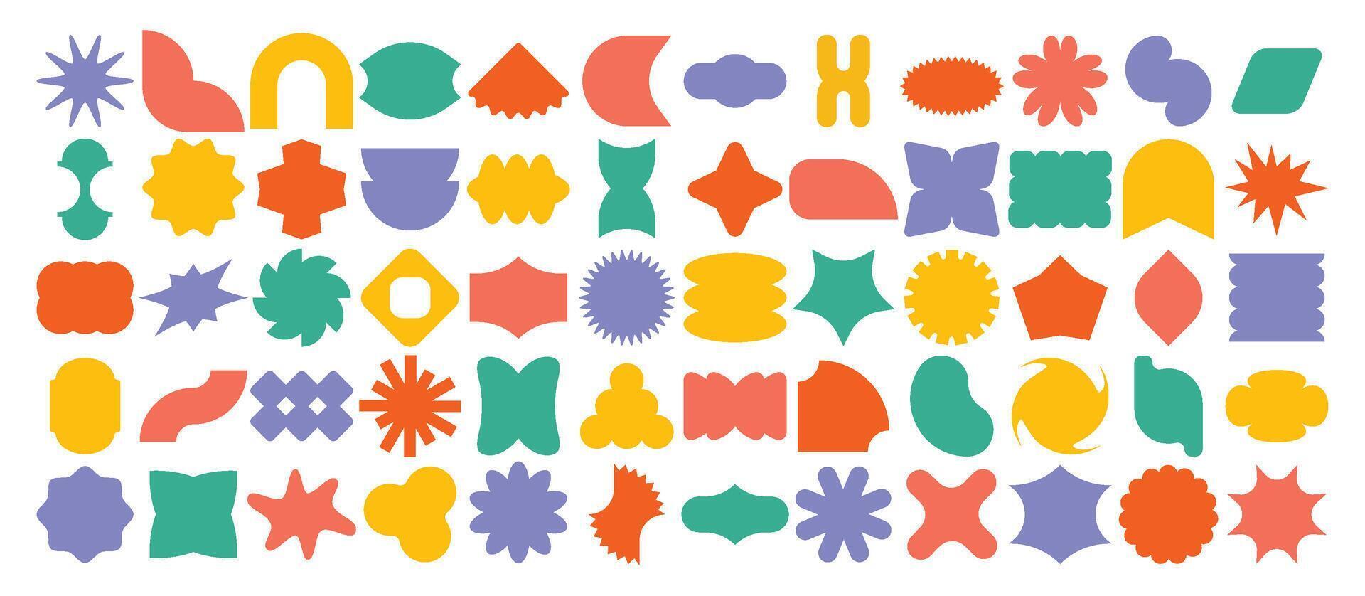 Abstract sticker shapes. Minimalist starburst badge, funky geometric and organic label forms and trendy patch shape frames. Retro pop art badges design elements set vector