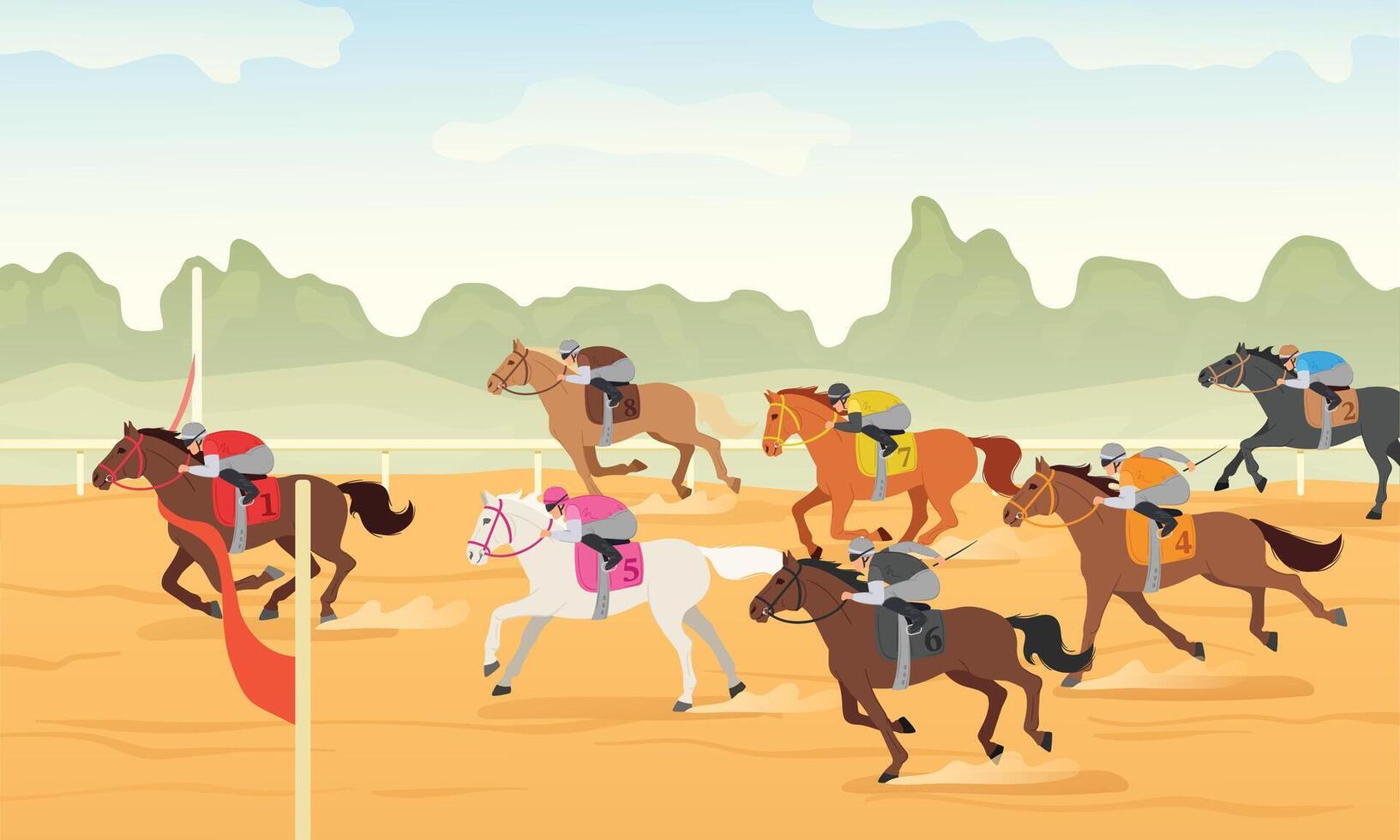 Horse race finish line. Equestrian sport competition winner crossing red ribbon, hippodrome championship and jockey tournament victory cartoon illustration vector