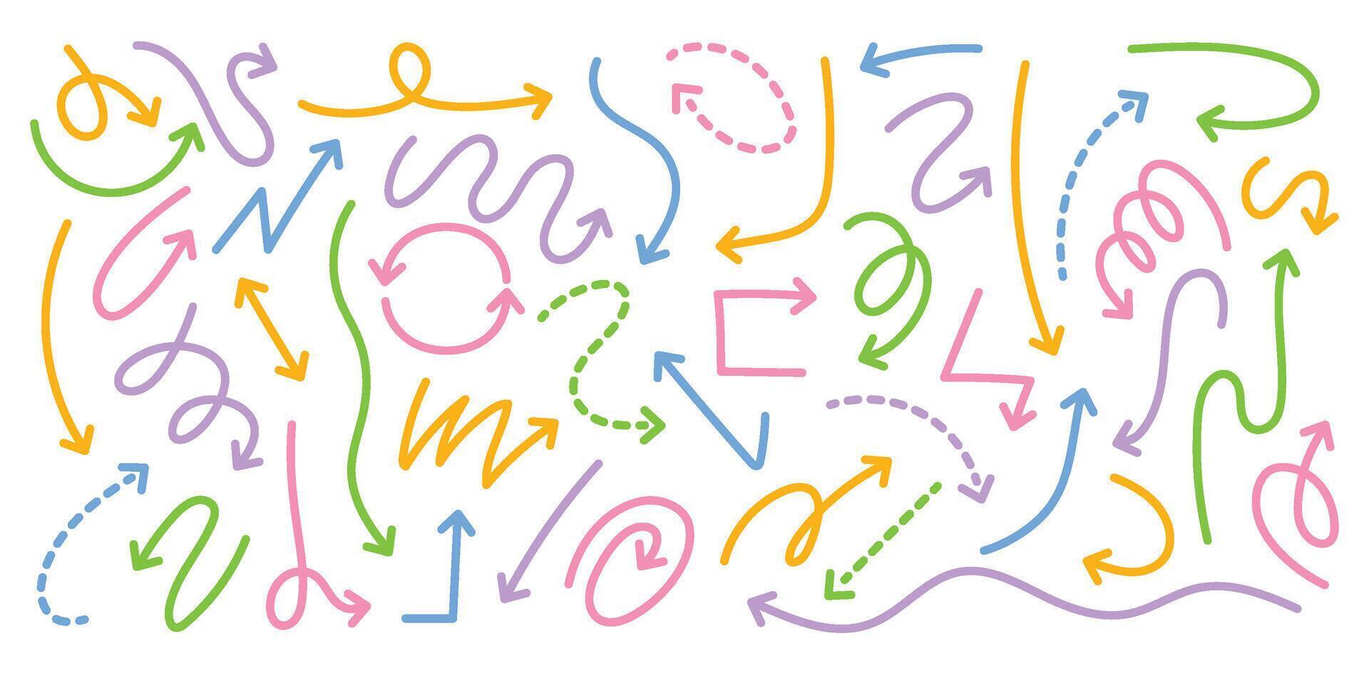 Doodle colorful line arrows. Hand drawn linear and dashed arrow pointers of squiggly, curved, wavy, zigzag and looping paths for direction pointing, highlights and presentation designs. set vector