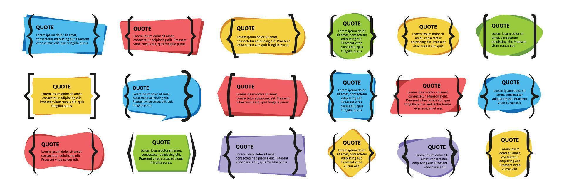 Quote frames with text brackets. Quotation box, colorful citation banner for quotes, citations and testimonials. Bracketed message, comment, feedback and direct speech frame templates set vector