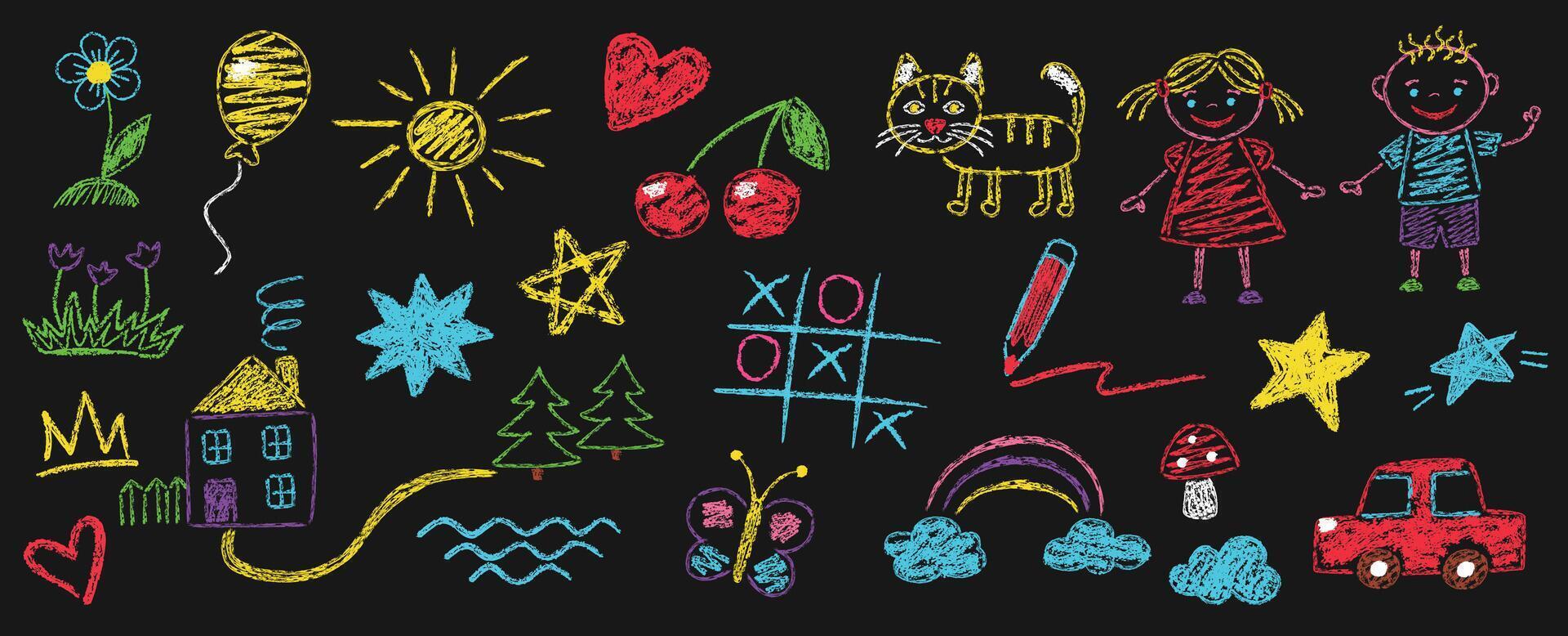 Kids crayon doodle drawings. Hand drawn flower, chalk textured sun, rainbow and cloud, scribble house sketch, pastel car and cat kids art. Chalkboard drawing set vector