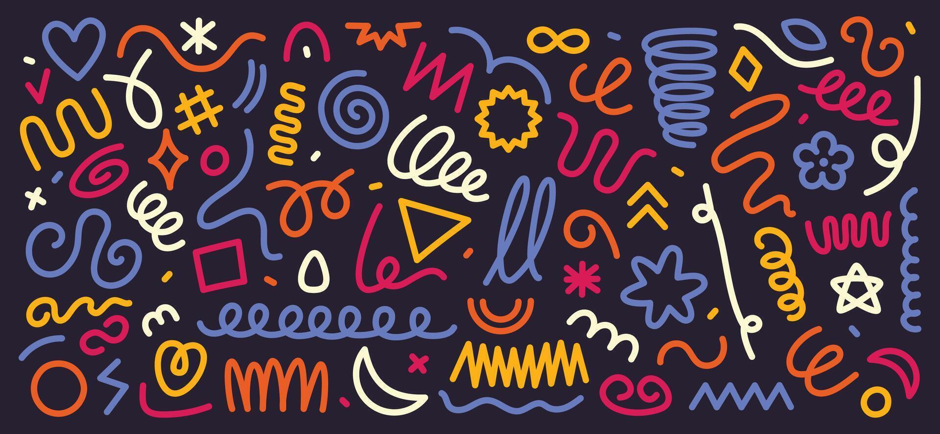 Abstract colorful line doodle shapes. Hand drawn scribbles, curvy and wavy lines, squiggles, swirls and spirals. Geometric strokes with rounded edges elements set vector