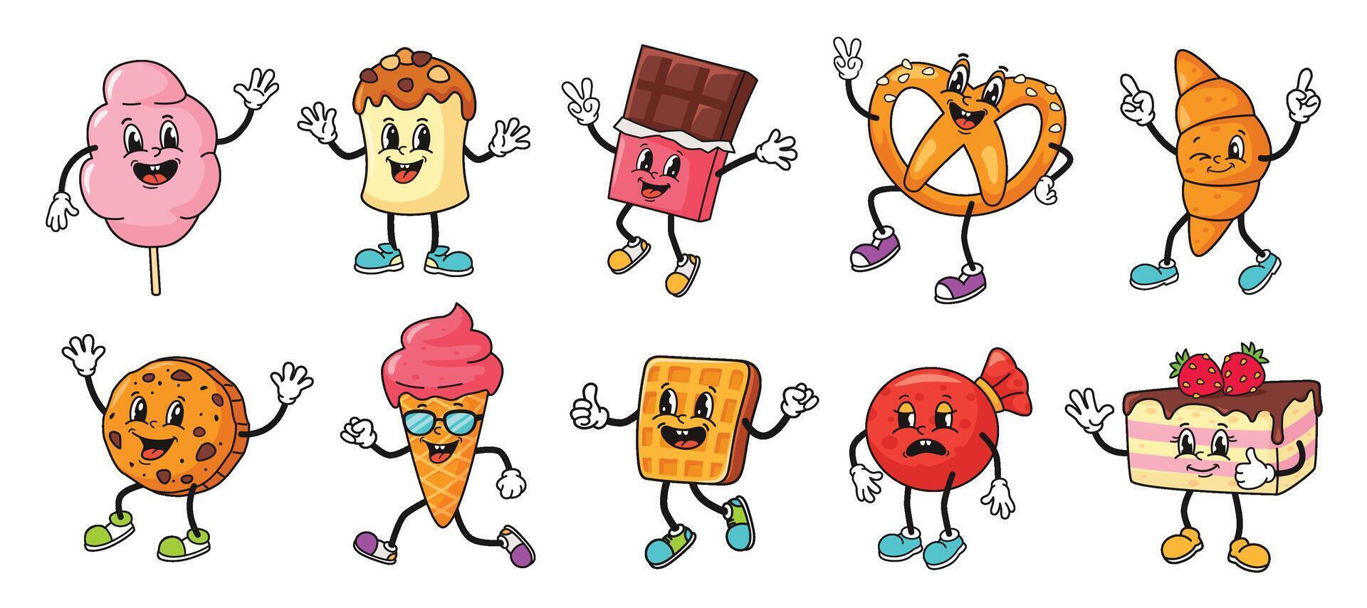 Cartoon dessert character. Retro mascots for cotton candy, sweet panettone, chocolate bar, funny pretzel and croissant. Happy cookie, ice cream, waffle and cake isolated set vector