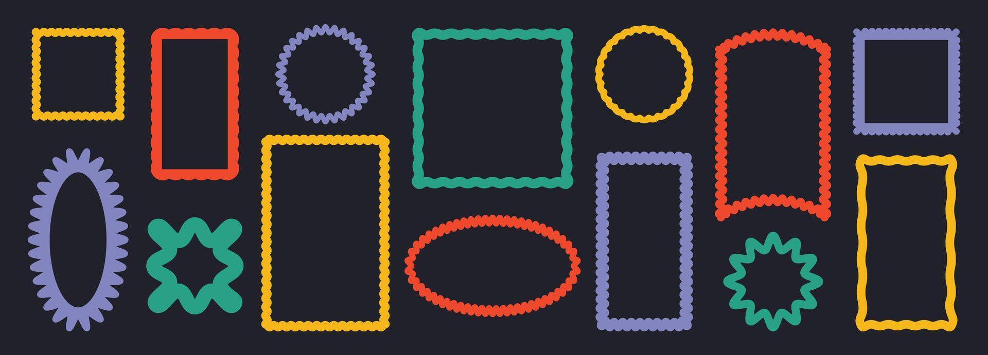 Squiggle frames. Abstract frame with scalloped edges, funky jagged borders for trendy photo, wavy label and badge design. Geometric decorative edges set vector