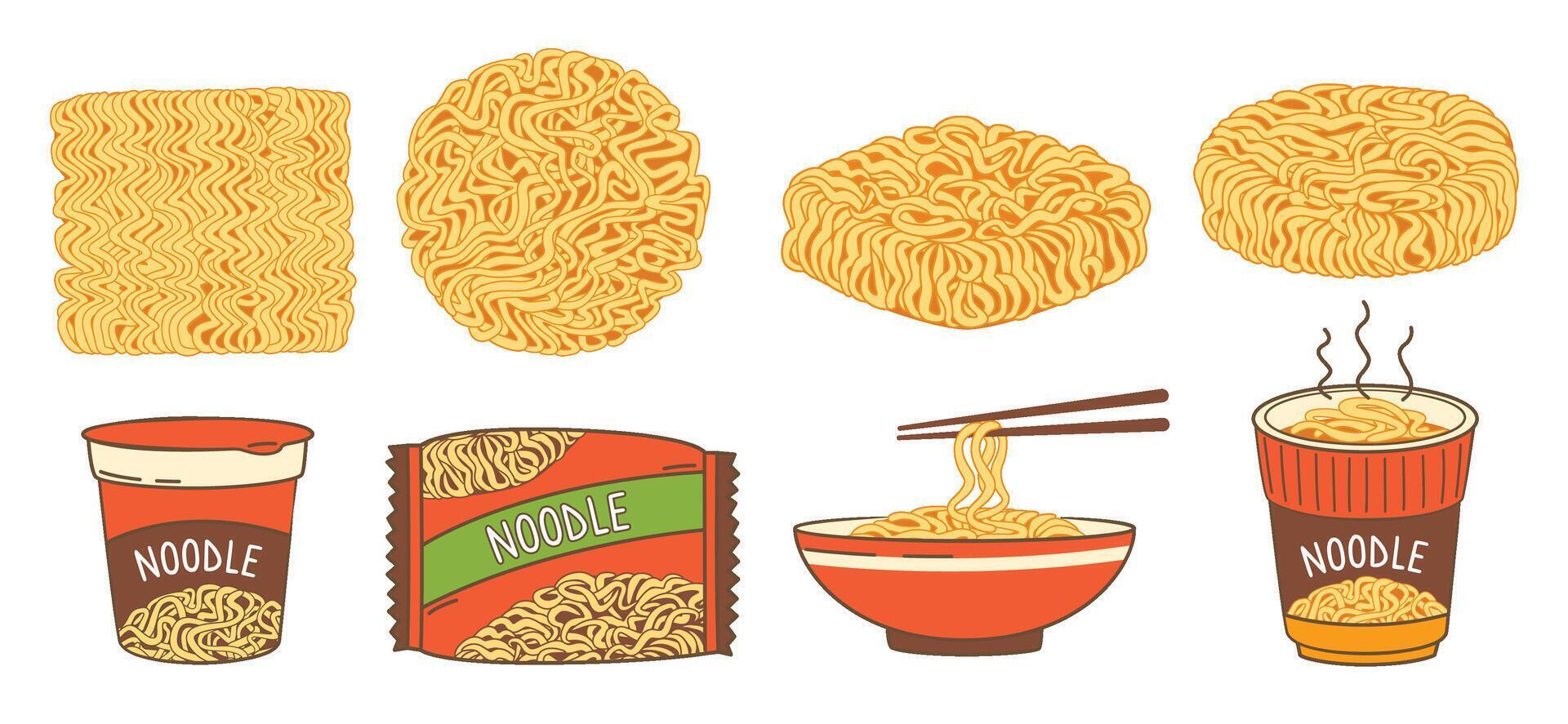 Instant noodles. Dried noodle blocks and fast food packaging, quick ramen meal in cup and bowl with chopsticks. Asian fast food noodles hand drawn isolated illustration set vector