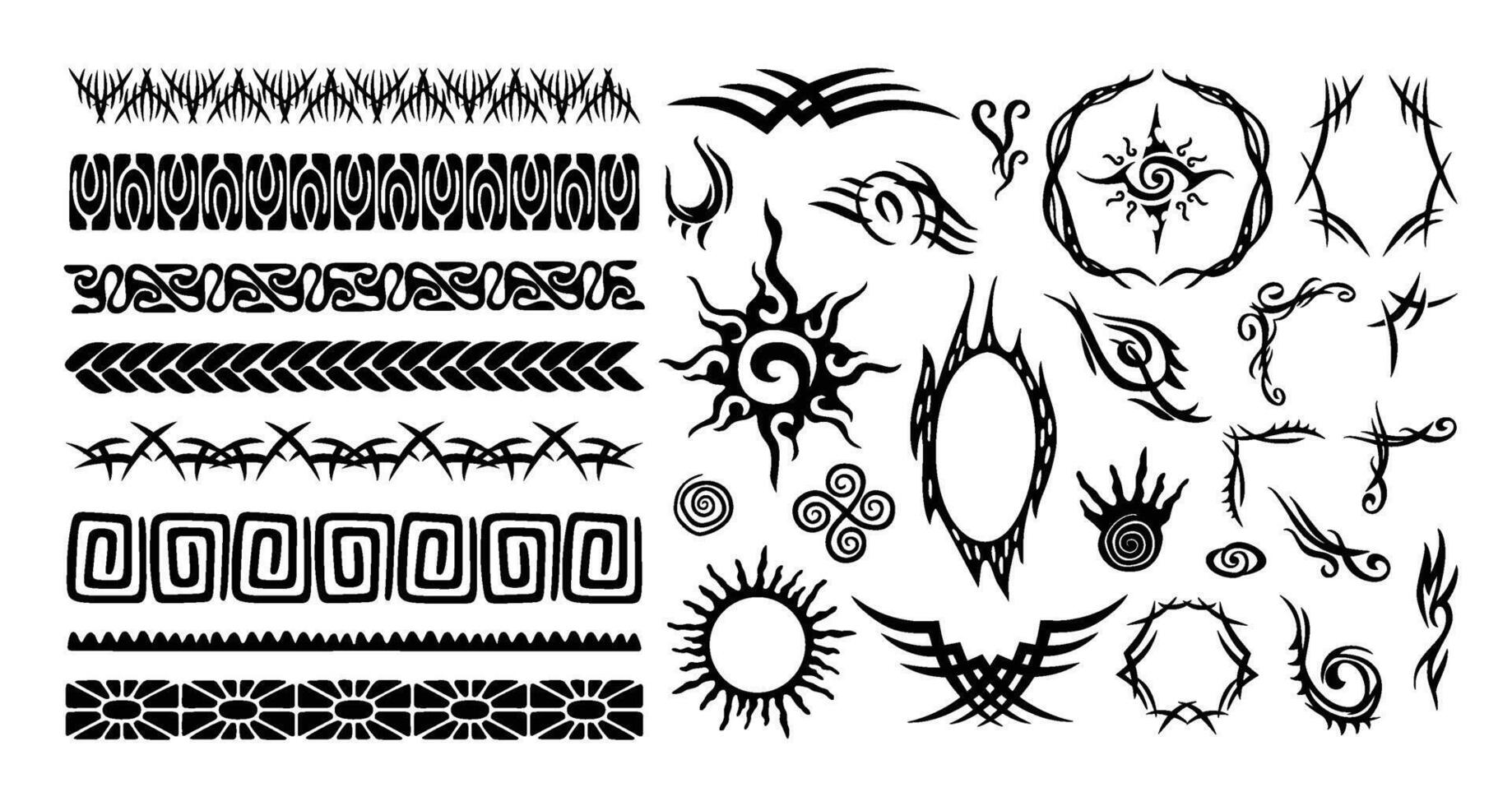 Tribal tattoo borders and frames. Polynesian abstract shapes, ethnic ornament pattern lines, sun and eye symbols and decorative corners. Streetwear sigilism set vector