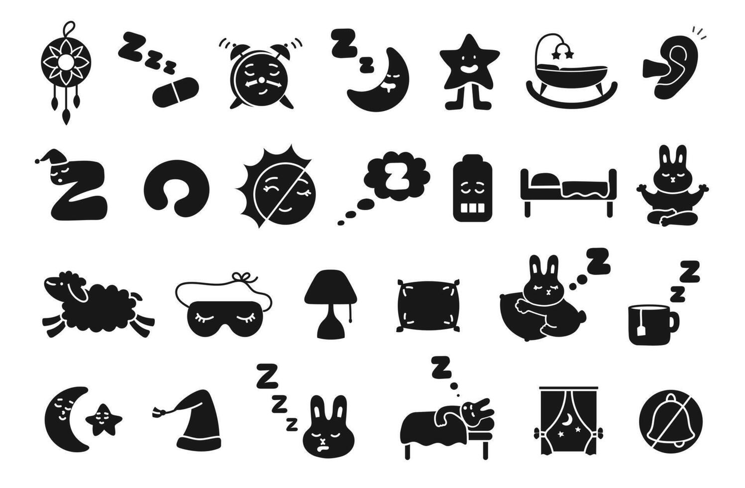 Stencil sleep icons. Bedtime and night dream, sleeping pill with Zzz snoring, rest mask, dreamcatcher, pillow, bed and alarm clock. Insomnia and healthy sleep concepts silhouette symbols set vector